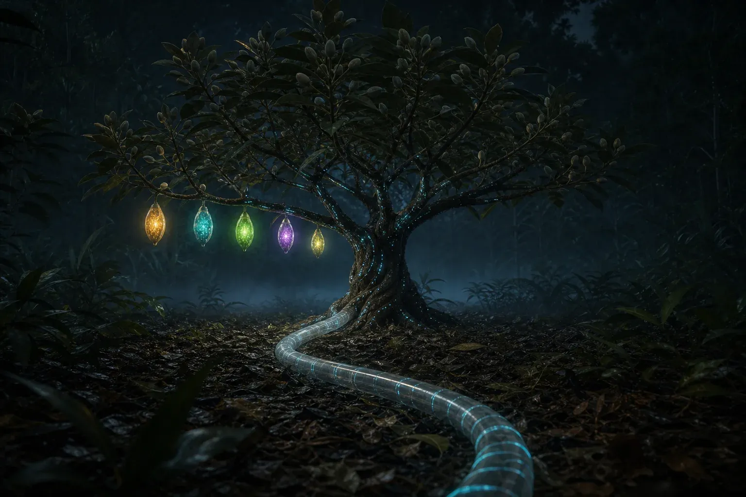 A dark glowing forest tree with a few brightly lit seed pods among many unlit buds, and a luminous banded filament unspooling from its trunk.
