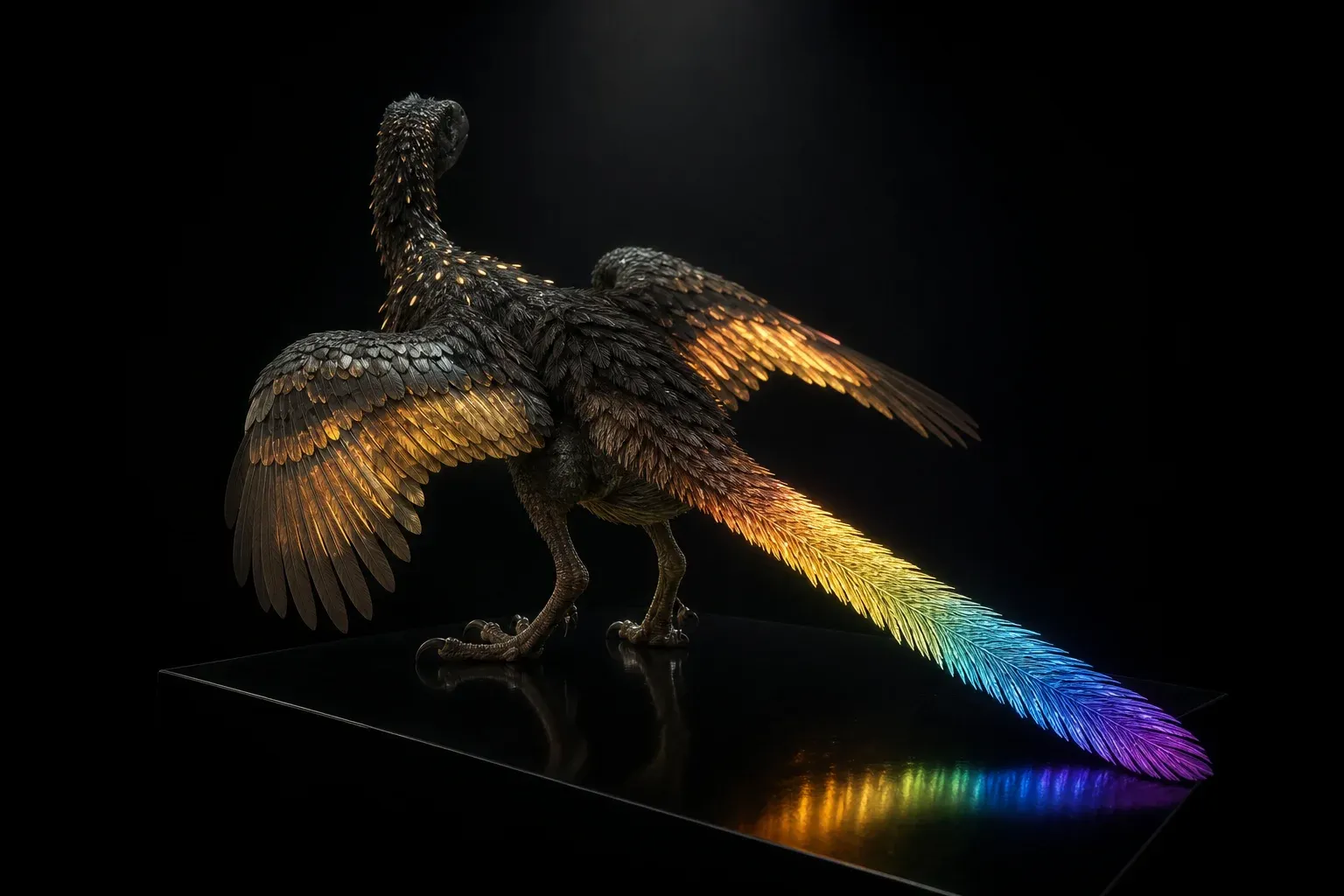 A small feathered reptile on a black plinth under studio light, its feathers glowing in patterns from sparse dots to a continuous lit tail.