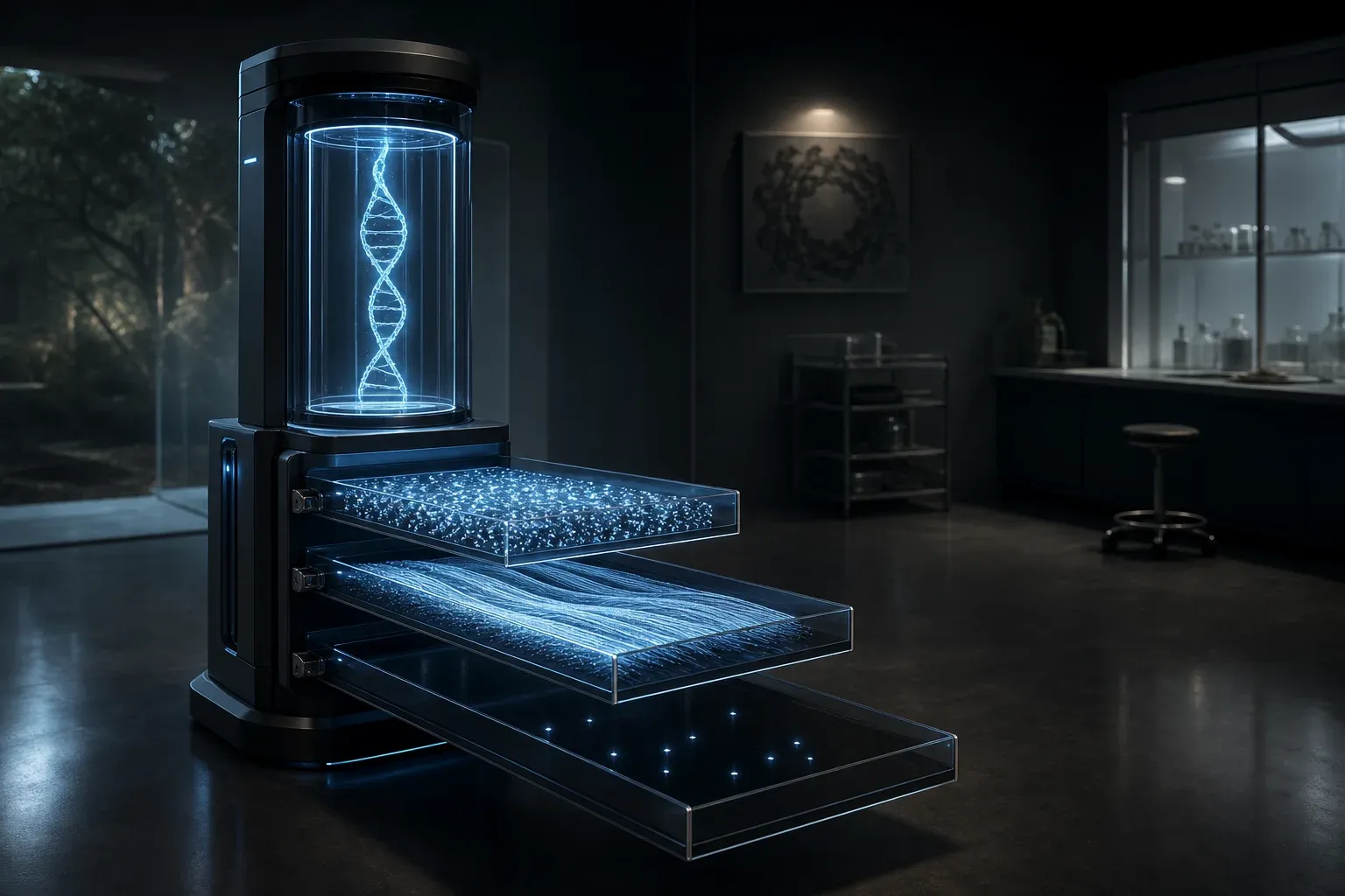 A sequencing machine in a dark lab feeds three lit glass trays holding drifting fragments, a combed fiber ribbon, and sparse bright points.