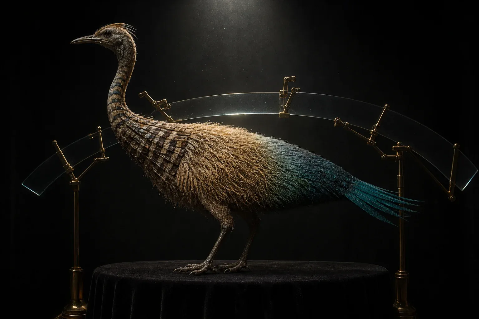 A feathered dinosaur-like specimen on a black plinth, its plumage graded into four bands from coarse to fine, under a single overhead studio light.