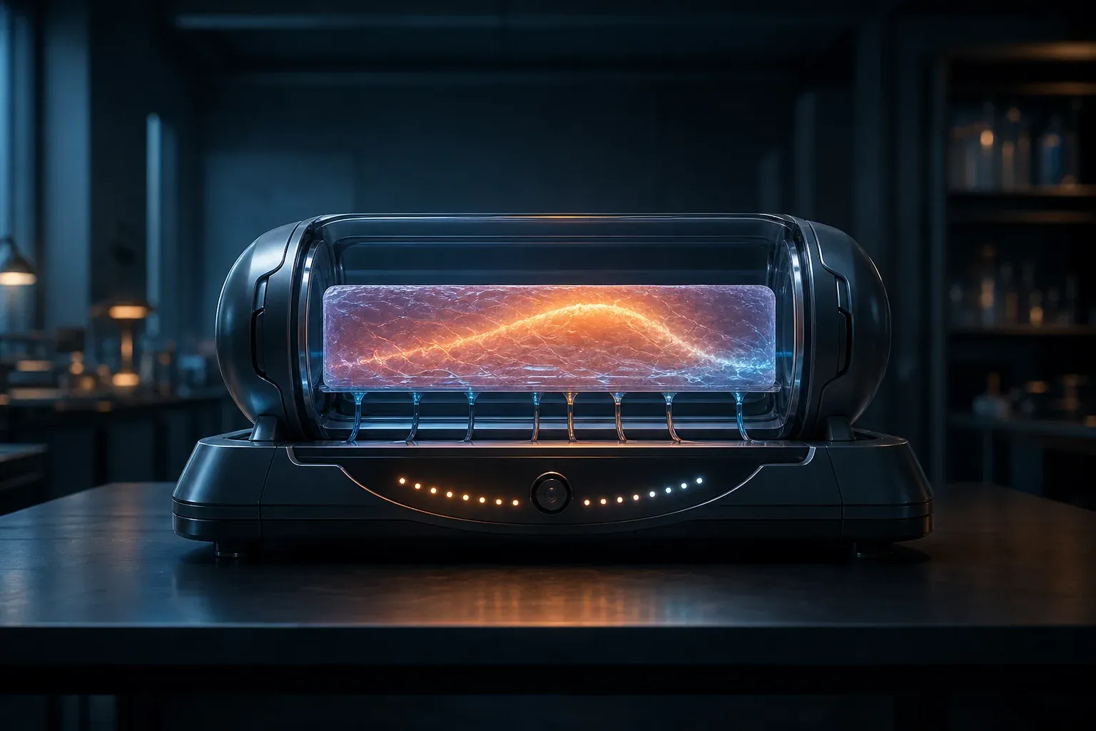 A glowing slab of lab-grown tissue in a glass chamber pulses amber then blue inside a dark instrument.
