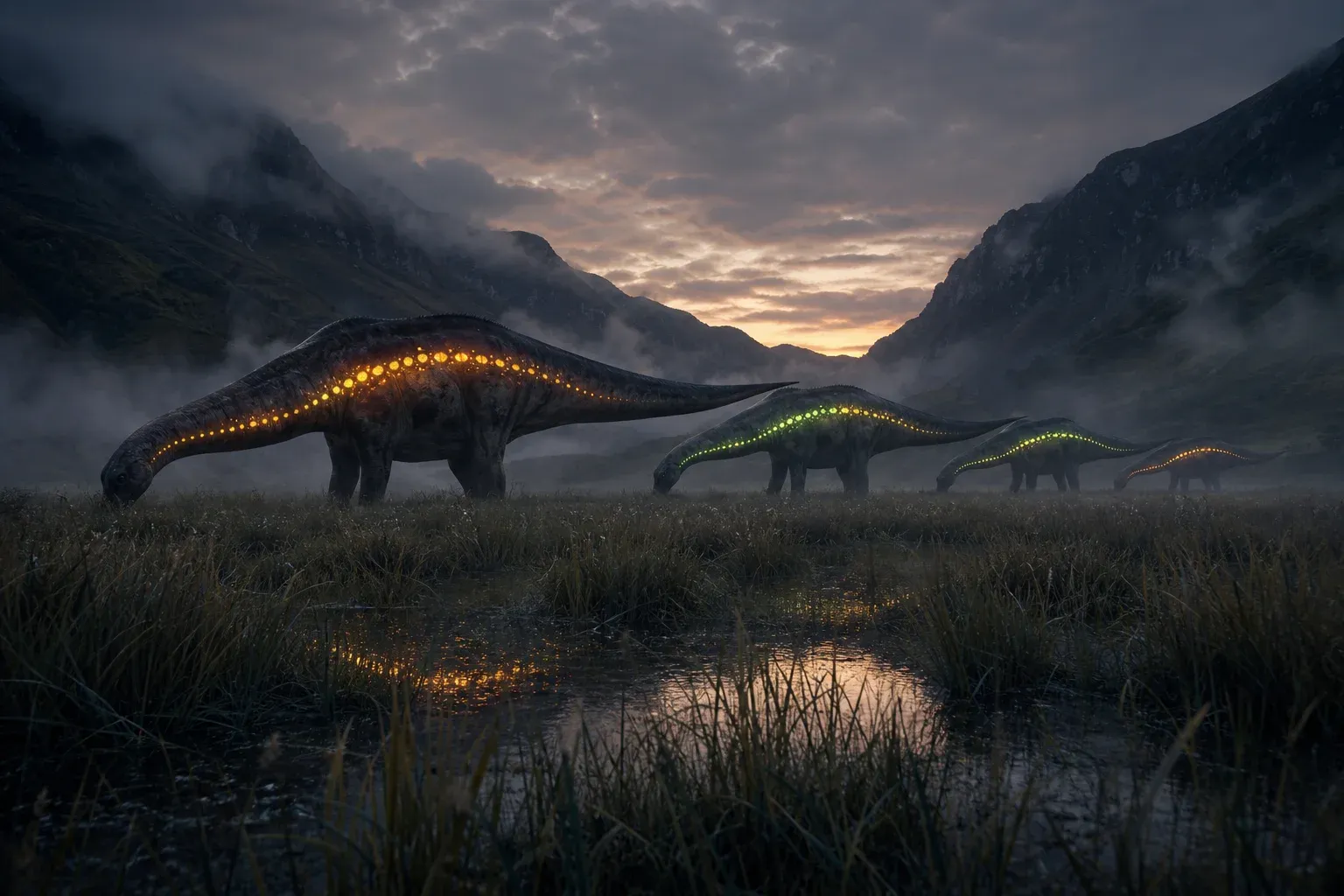 Huge long-necked grazing animals in a misty valley, each with a glowing stripe along its flank at a different brightness.