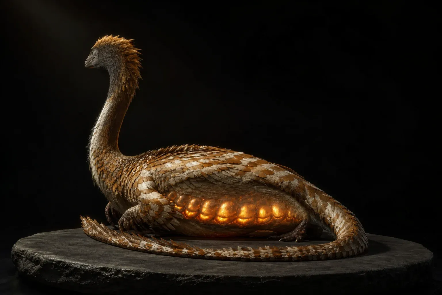 A feathered reptile specimen curled on a dark studio platform, with a fading chain of glowing amber nodules along its translucent belly.