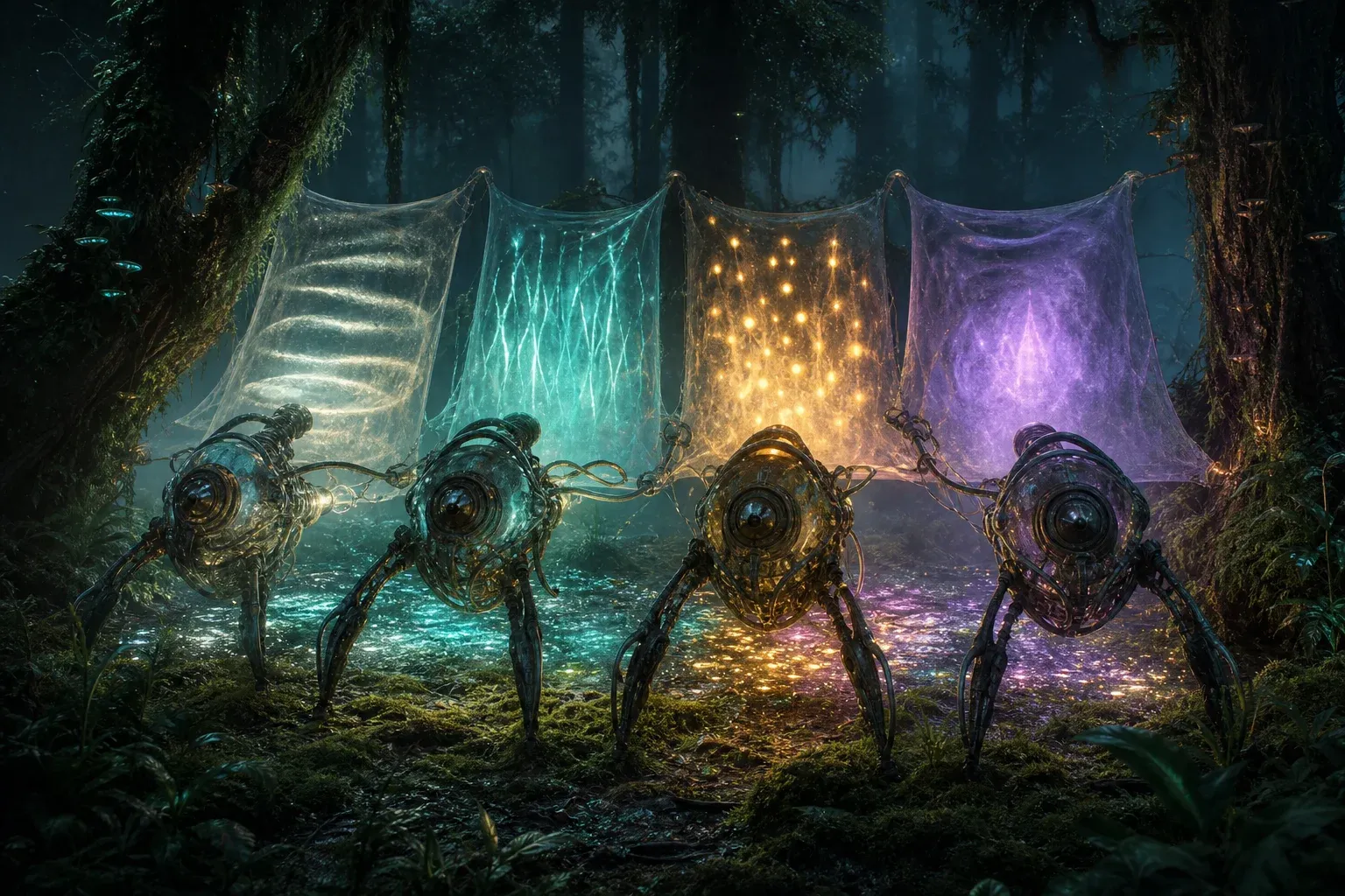 Four glowing layered membranes hang between forest trees while organic tripod instruments align them into one overlapping pattern of light.