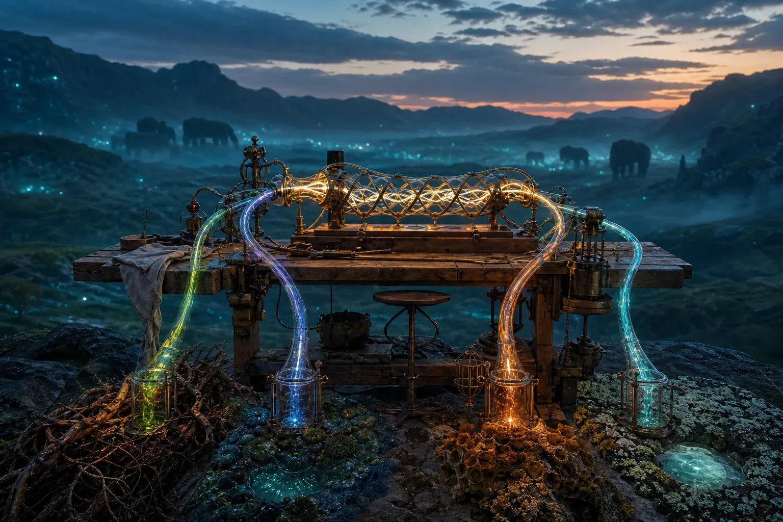 Five glowing colored fluid lines from a bioluminescent valley converge through a glass-and-brass frame into one bright braided ribbon.