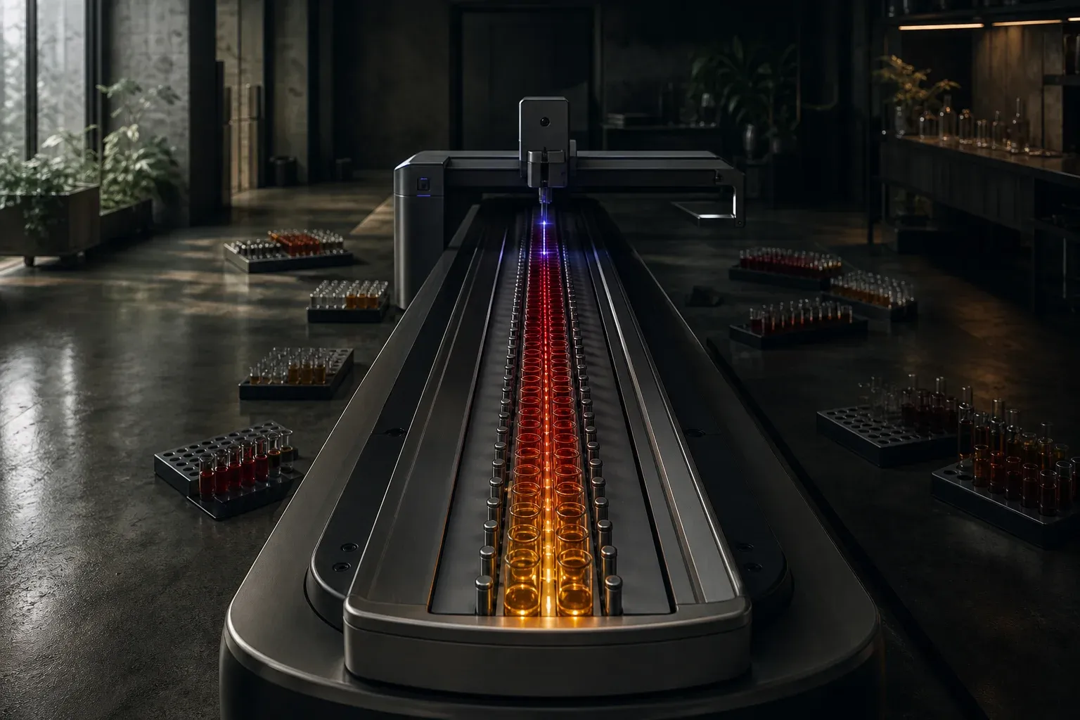 A laboratory instrument aligning hundreds of backlit blood vials into one long row while a blue scanning light passes over them.