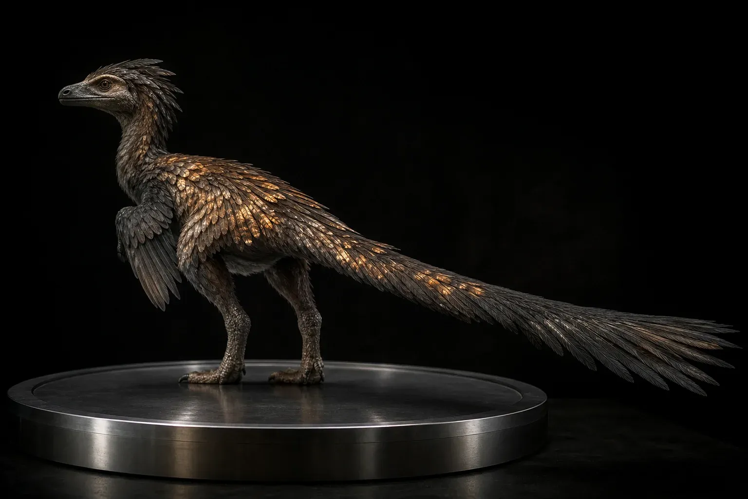 A feathered creature on a steel plinth in a dark studio, its feathers on one side each glowing at different brightness.