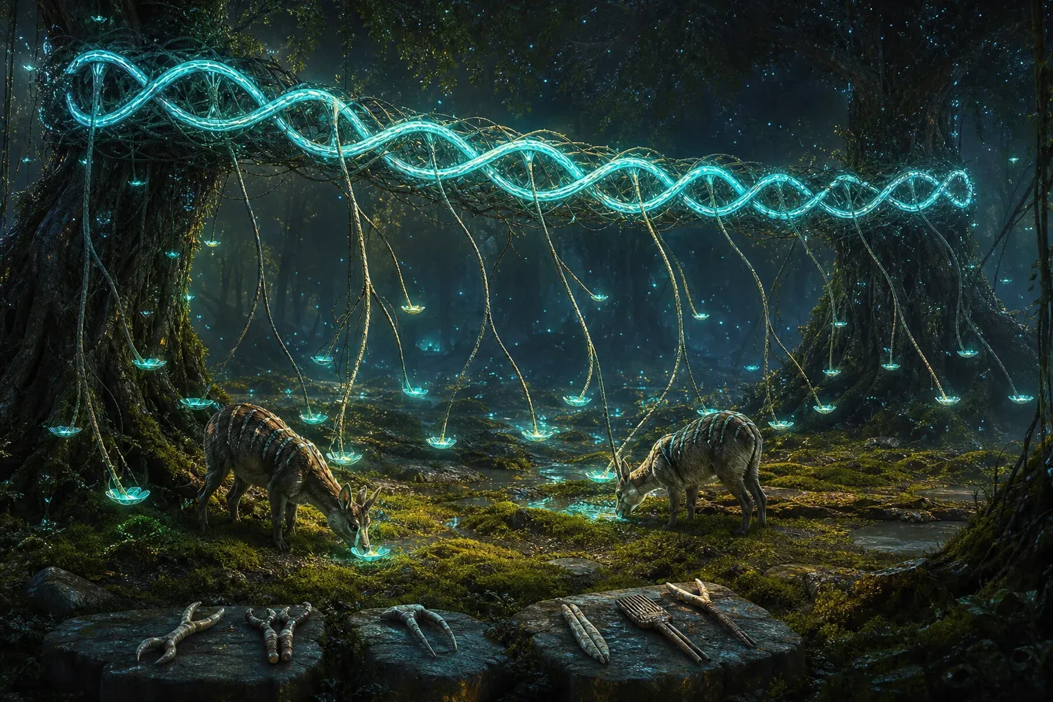 A glowing double-helix cable strung between forest trees, branching into open drinking cups, with grown hand-tools laid on mossy stones below.