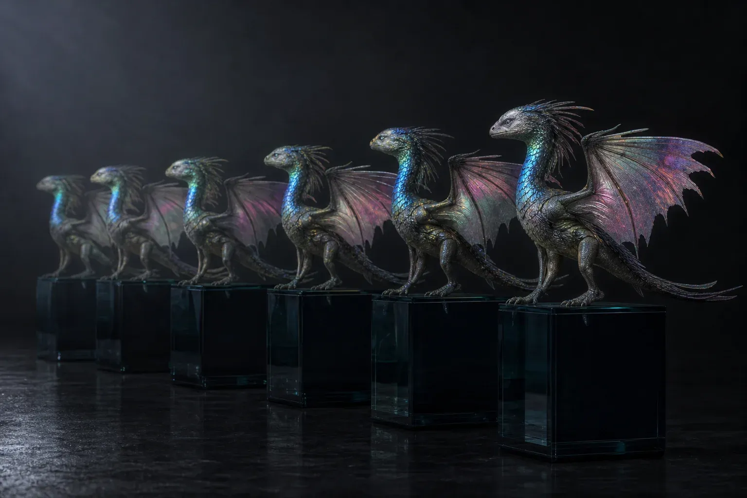 Five identical iridescent winged reptiles in the same pose on matching black plinths, lit by one hard light, receding into darkness.