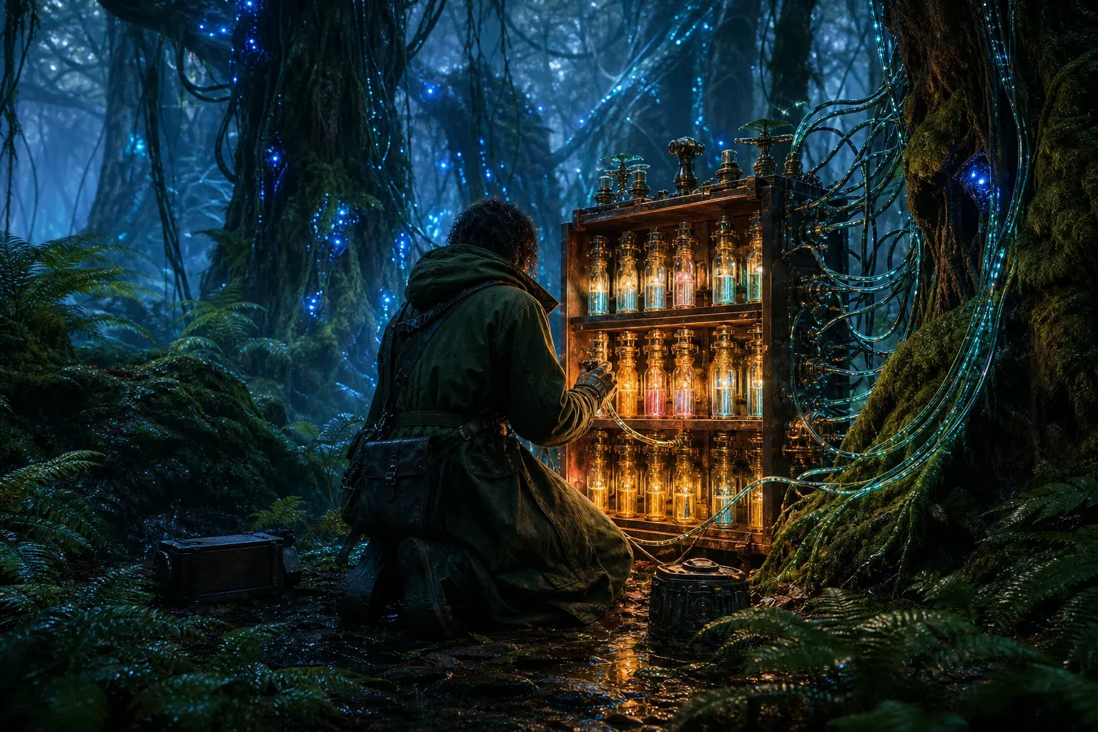 A kneeling figure in a glowing forest tends a glass cabinet of luminous colored vials wired by tendrils to nearby trees.