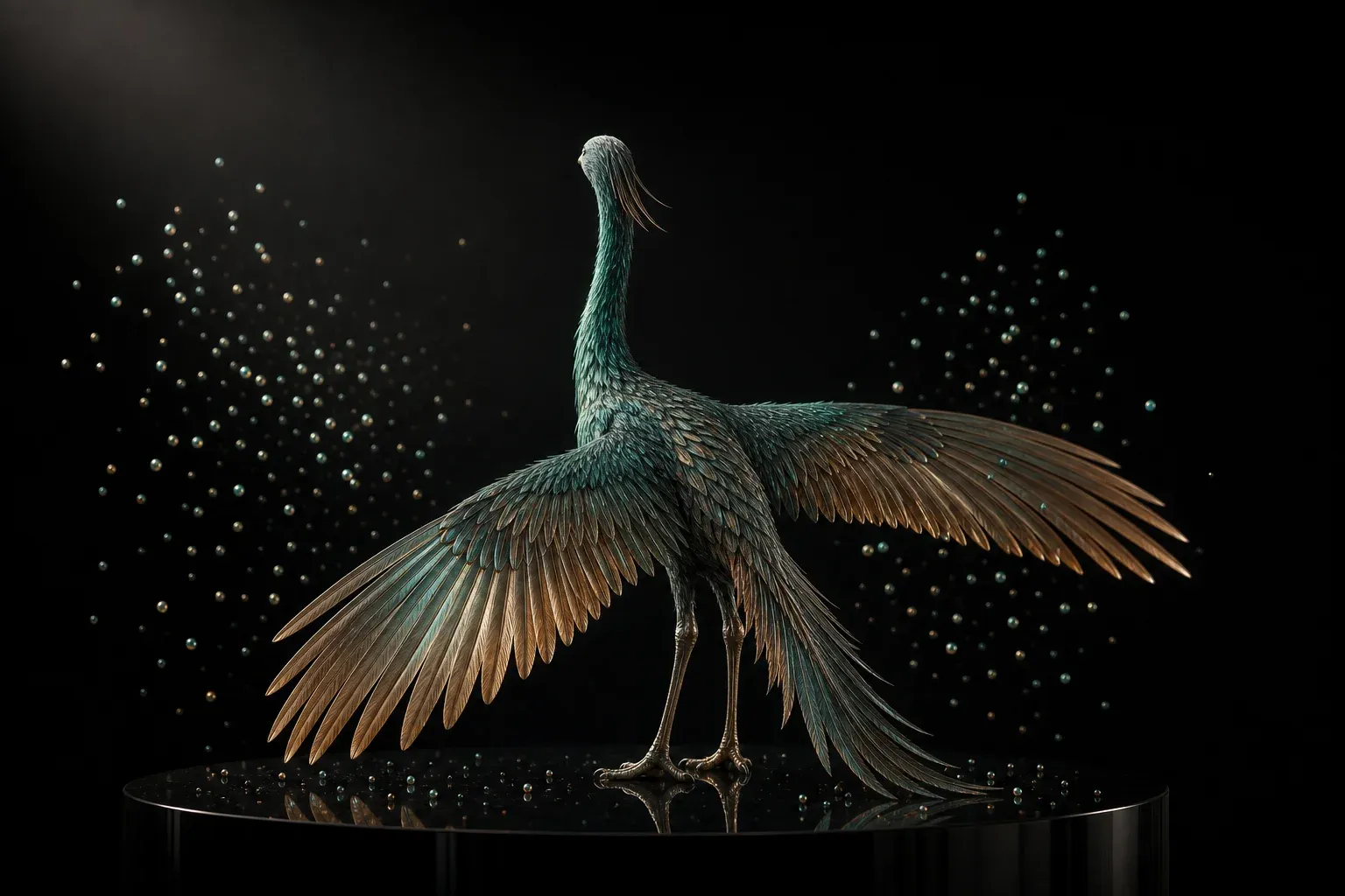 A studio-lit iridescent feathered creature on a black plinth, surrounded by two drifting clusters of small glowing beads.