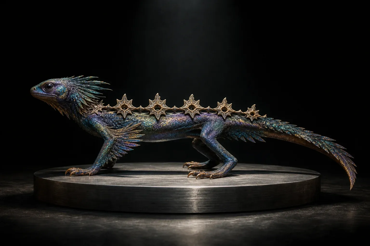 An iridescent feathered-reptile hybrid on a steel pedestal in a dark studio, its spine bearing repeated star-shaped plates, one fused and shrunken.