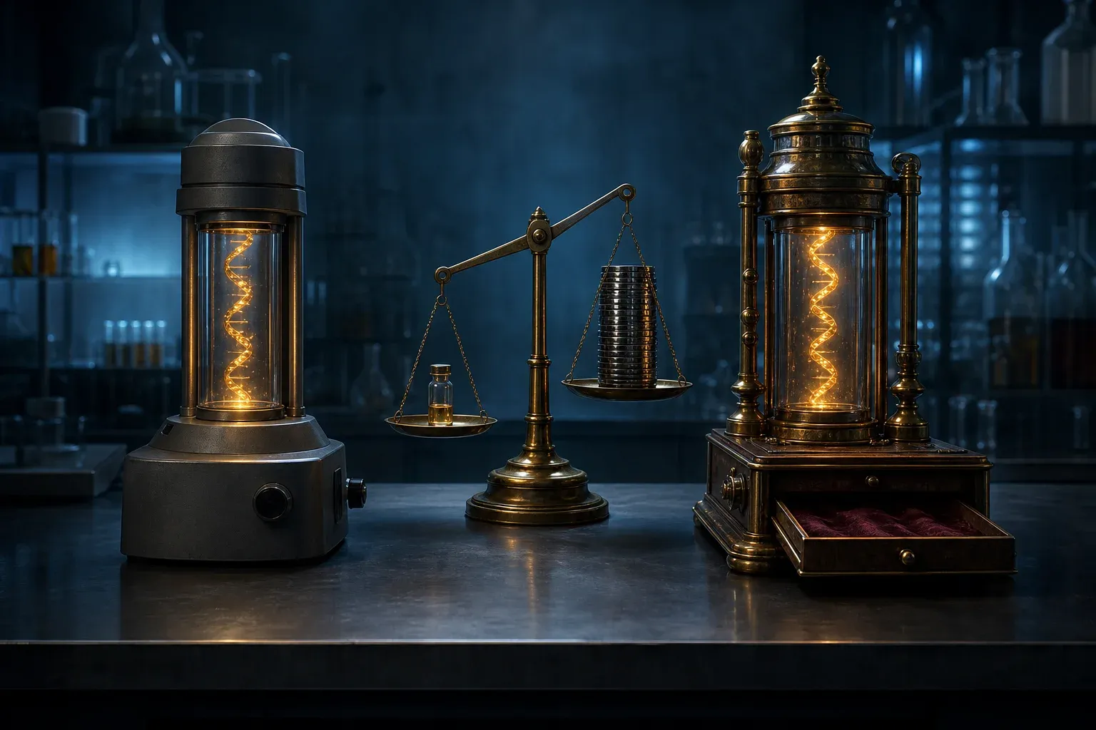 Two DNA-reading machines, one plain and one ornate, produce identical glowing strands beside a balance weighing a vial against a stack of discs.