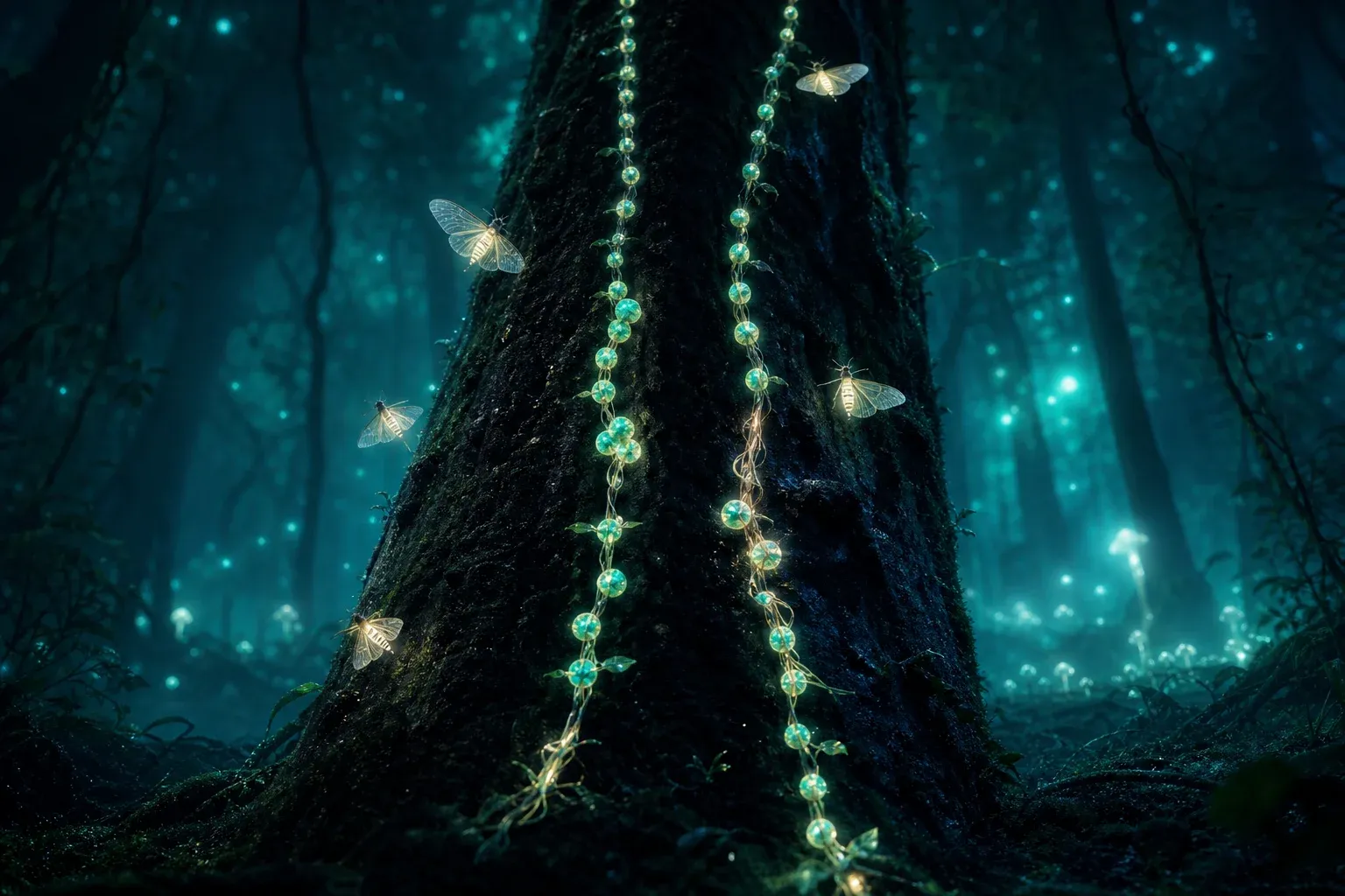 Two parallel glowing vines on a dark tree trunk in a bioluminescent forest, one with a duplicated cluster of light-beads.