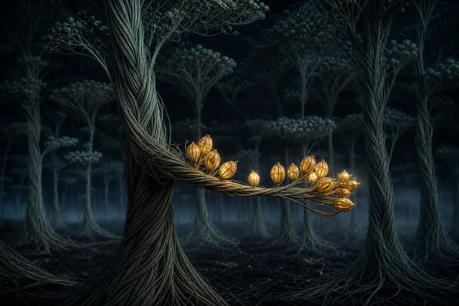 A dark glowing forest of fiber-like trunks, with only a small cluster of bright amber seed pods lit in the foreground.