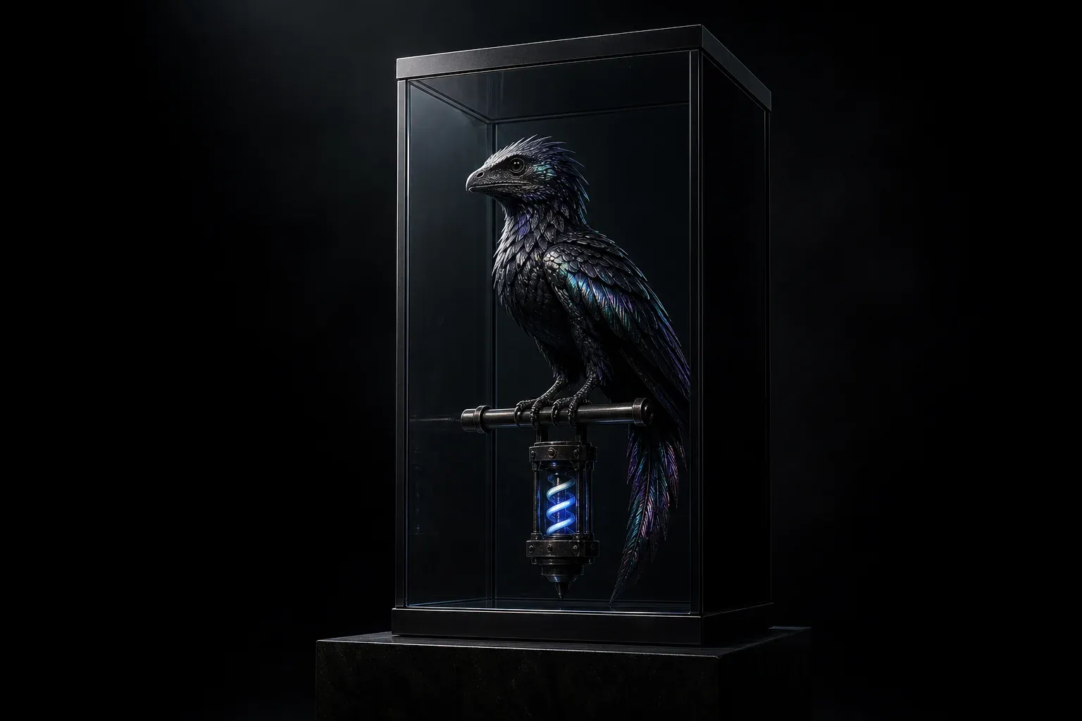 An iridescent feathered reptile-bird inside a mirrored glass vault on a plinth, lit by one hard studio light against black.
