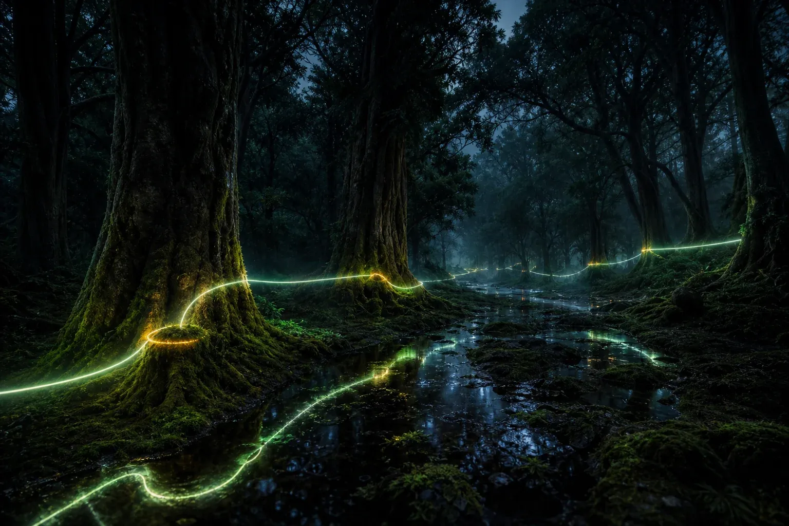 A glowing filament runs tree to tree through a misty bioluminescent forest, mostly dim grey-green with a few bright amber segments ringed by moss.