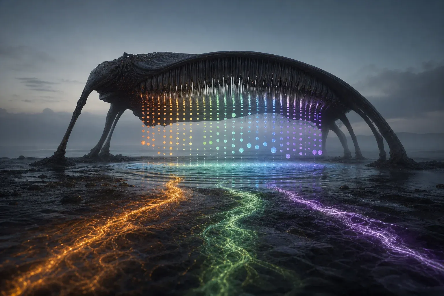 A huge filter-feeding creature on a misty tidal flat sorting glowing droplets into ranked columns as three luminous rivers merge below it.