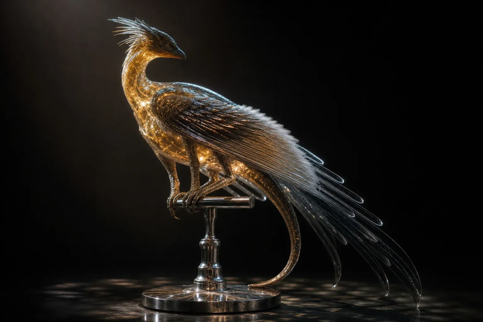 A translucent amber winged reptile-bird specimen on a steel mount, lit in a dark studio, with glowing particles suspended inside its body.