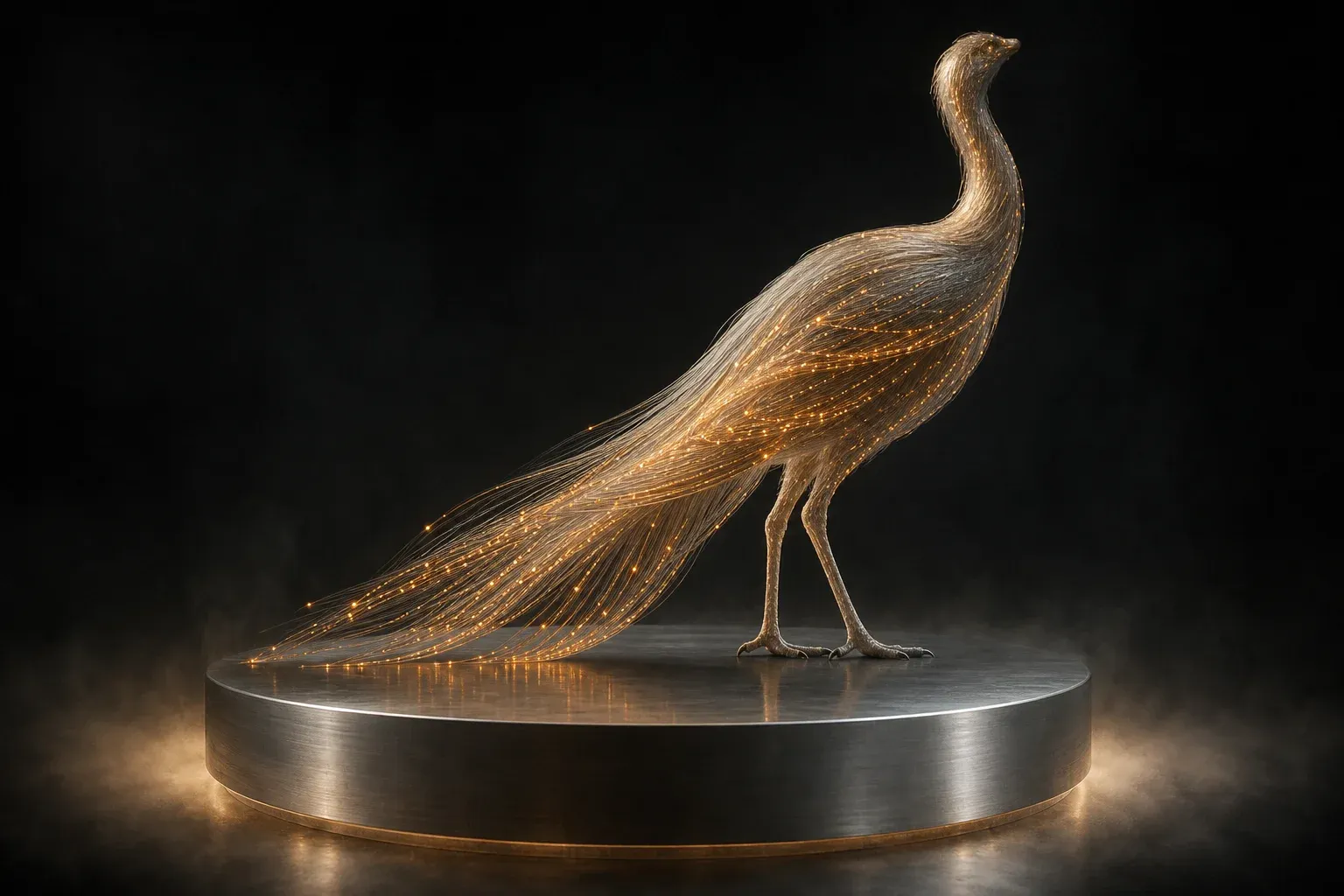 A feathered long-necked creature on a steel plinth, its translucent filament plumage lit by travelling amber pulses against black.