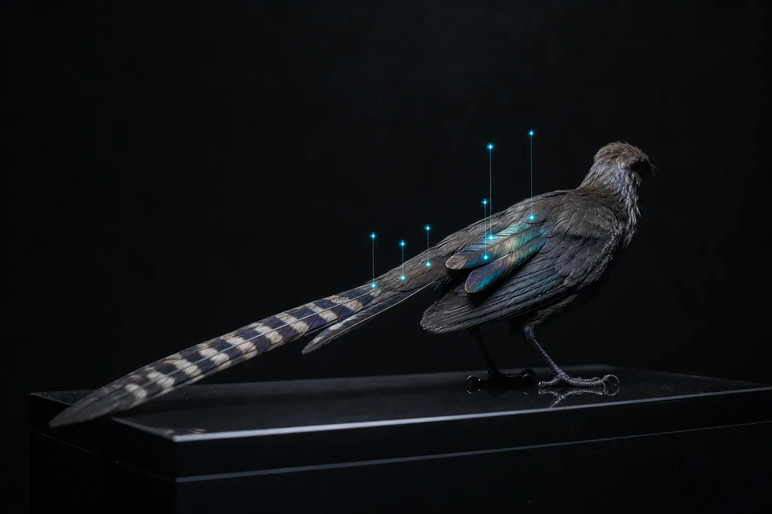 A feathered specimen creature on a black plinth, with small glowing markers tagging scattered feathers and large unmarked dark areas.