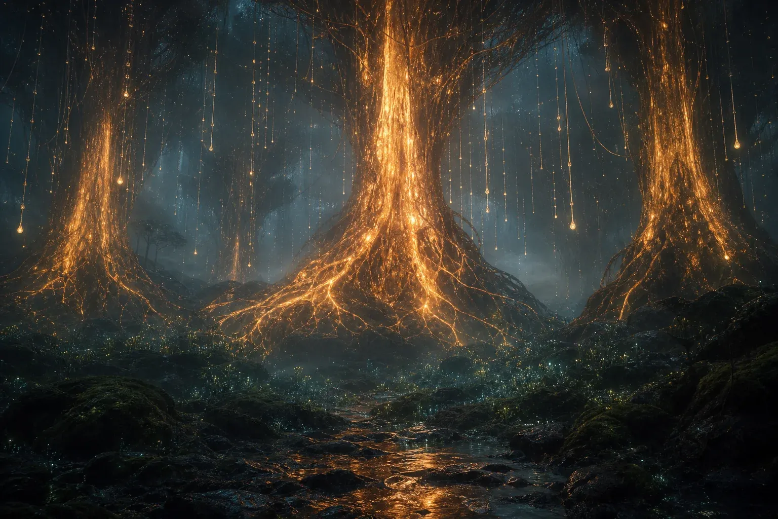 A dark glowing forest where three giant trees blaze with amber light while countless tiny seedlings on the floor are barely visible.
