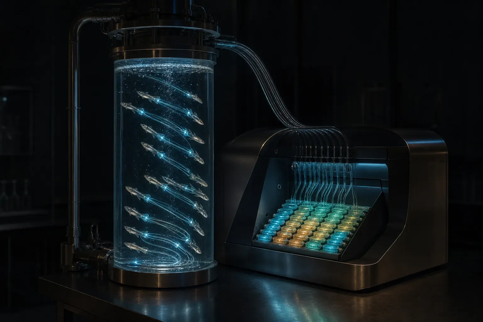 A glass column of silver fish swimming upstream, their glowing threads combed into strands feeding a lit grid of wells on a dark lab instrument.