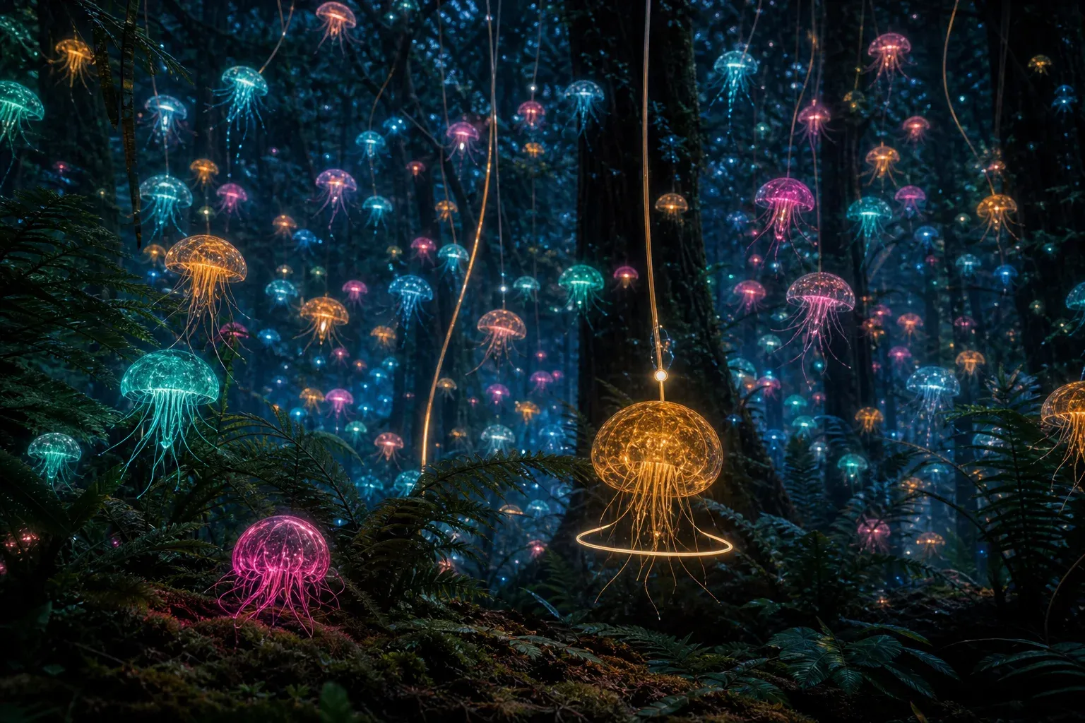 Glowing jellyfish-like creatures in distinct colors drift through a dark forest, each ringed by a hovering band of light.