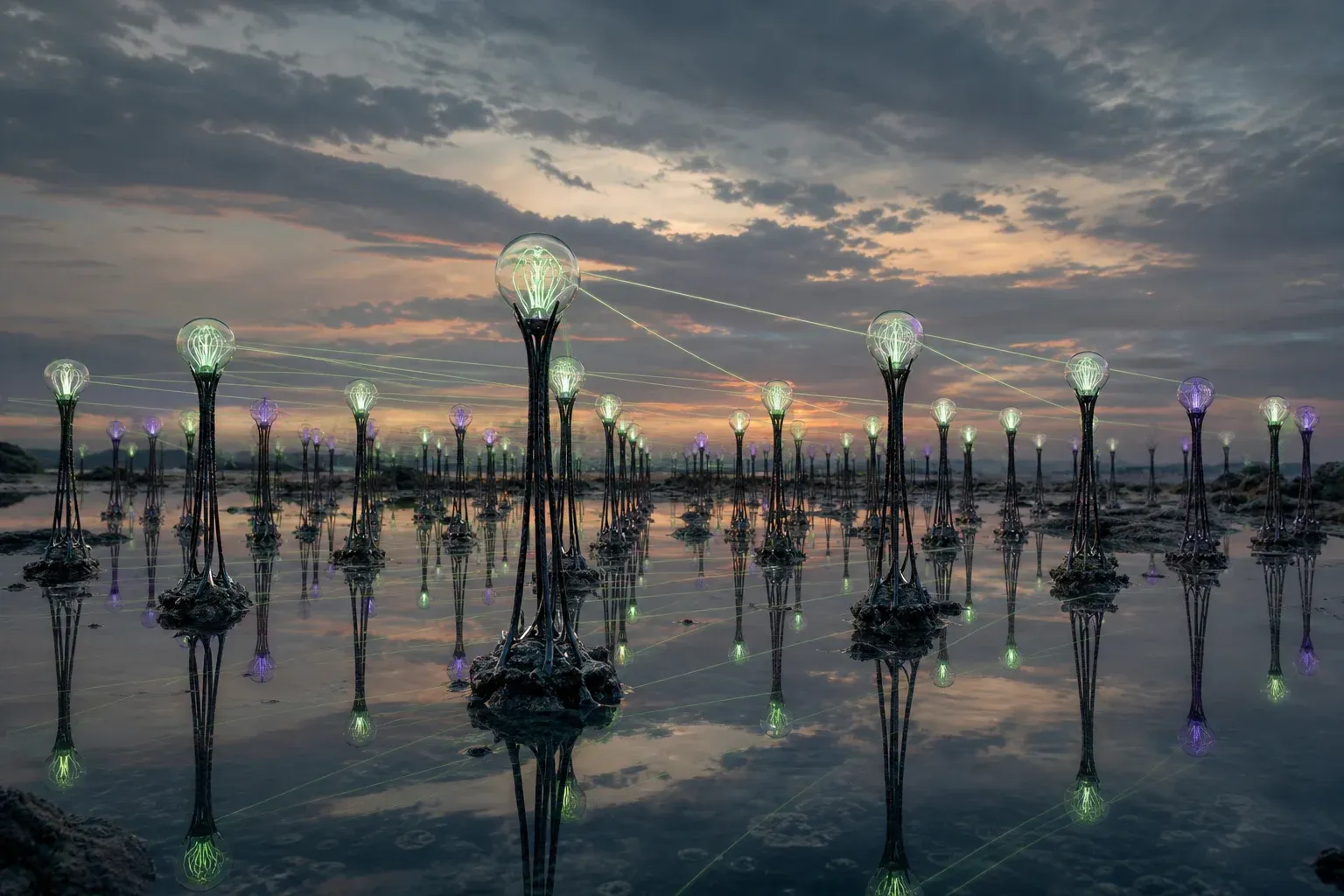 A shallow reef at dusk filled with rows of glowing anemone stalks, some pulsing green in unison and connected by faint glowing threads.