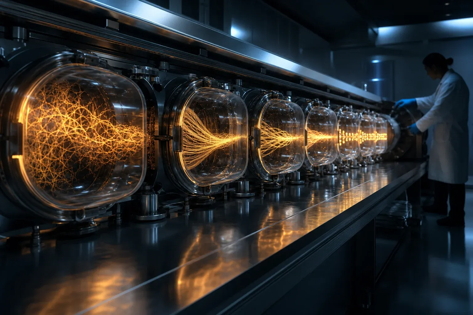 A long laboratory instrument passing a glowing thread through six glass chambers where it resolves into separate beads of light.