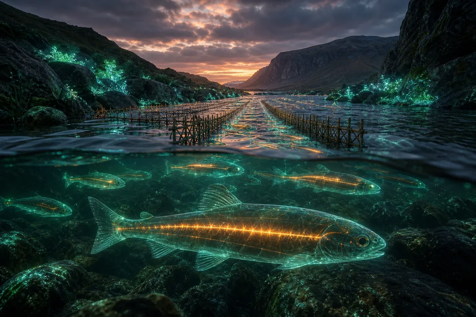 Transparent glowing fish swim up a dusk river through a lattice of reeds that sorts them into lit channels.