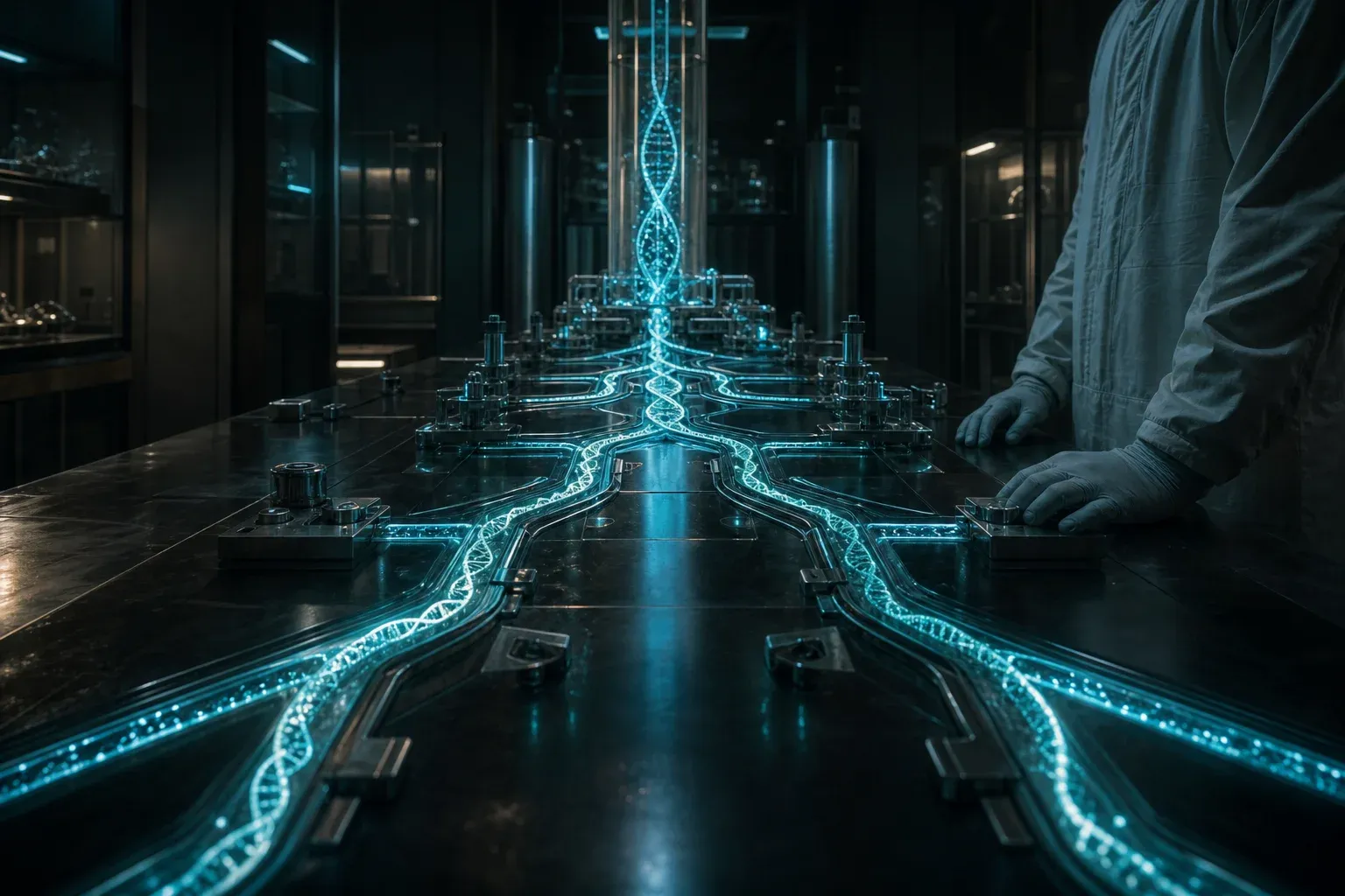 A glowing strand of RNA descends from a lab instrument and splits through branching lit channels carved into a dark bench.