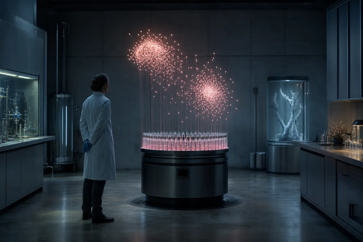 A laboratory instrument holding glowing sample cartridges projects a floating cloud of light points that separate into two clusters.