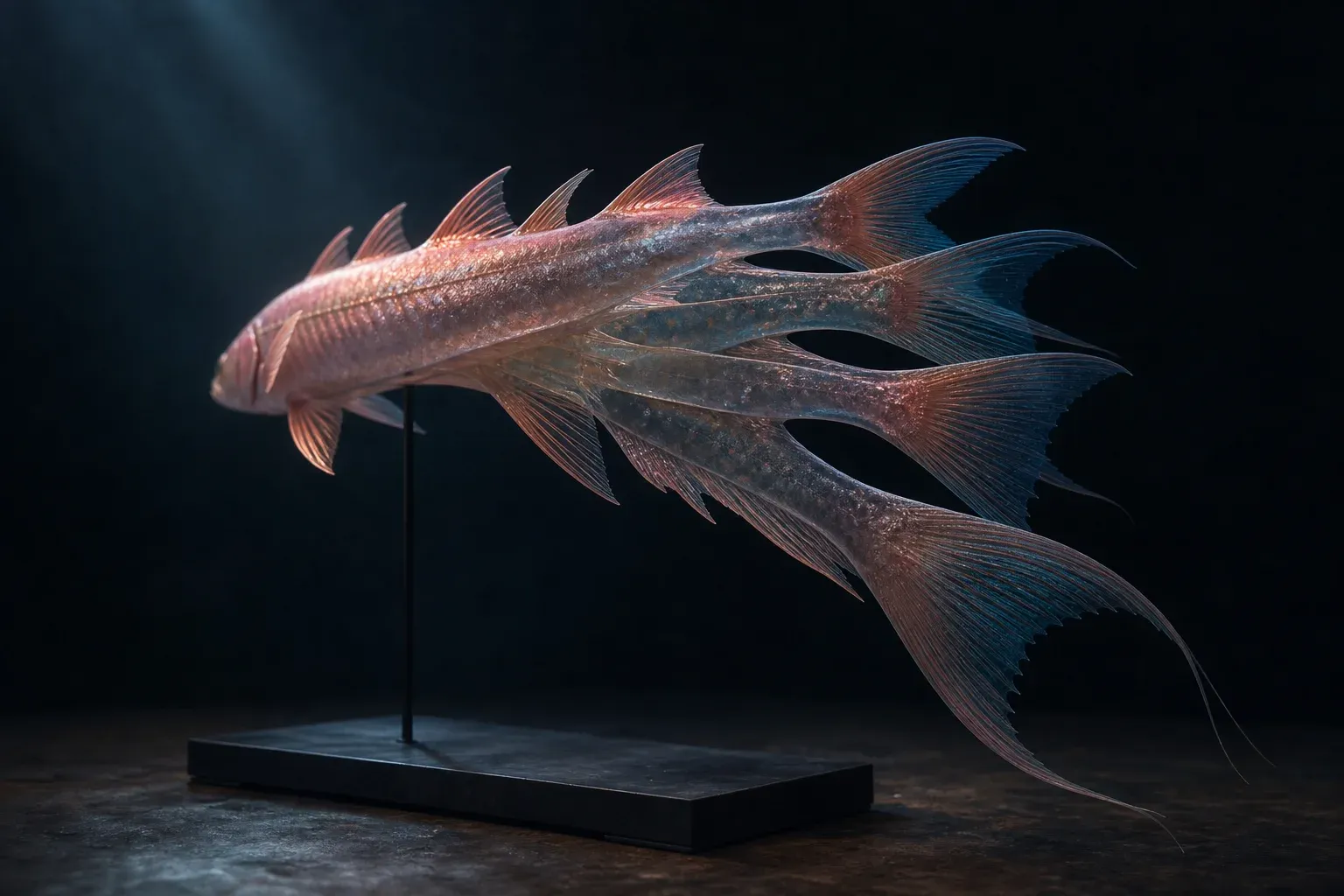 An iridescent engineered salmon on a dark studio stand, its body splitting into several translucent overlapping variants with differing fins and tails.