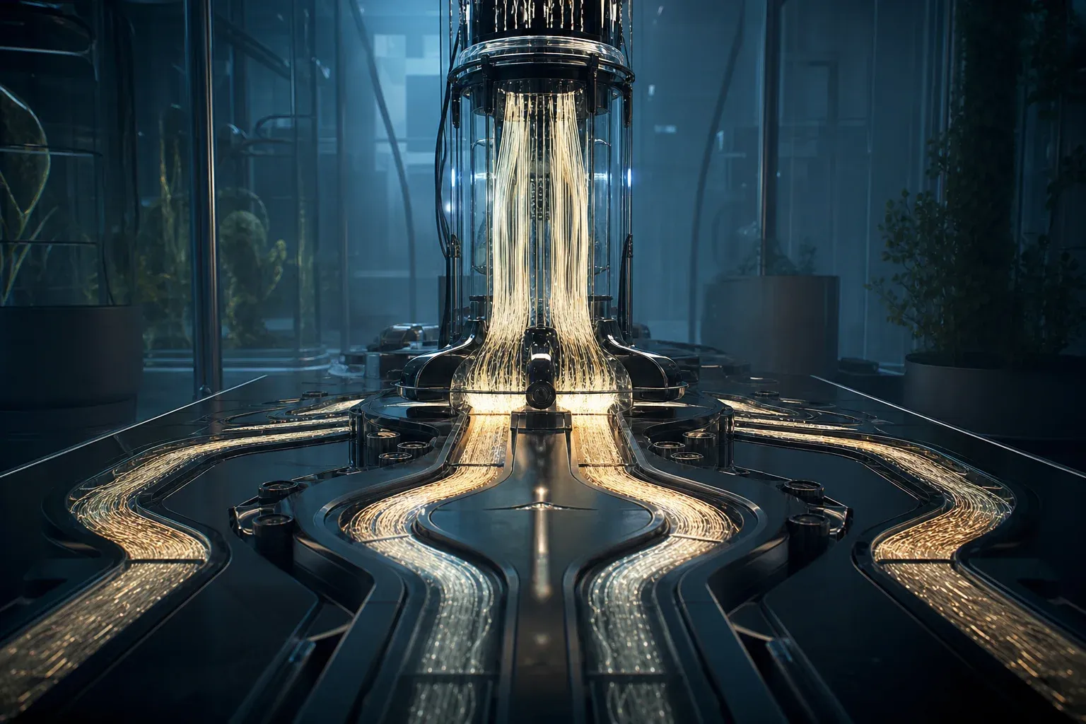 A laboratory machine sorting glowing strands into thick branching bundles along a lit rail, some bundles brighter than others.