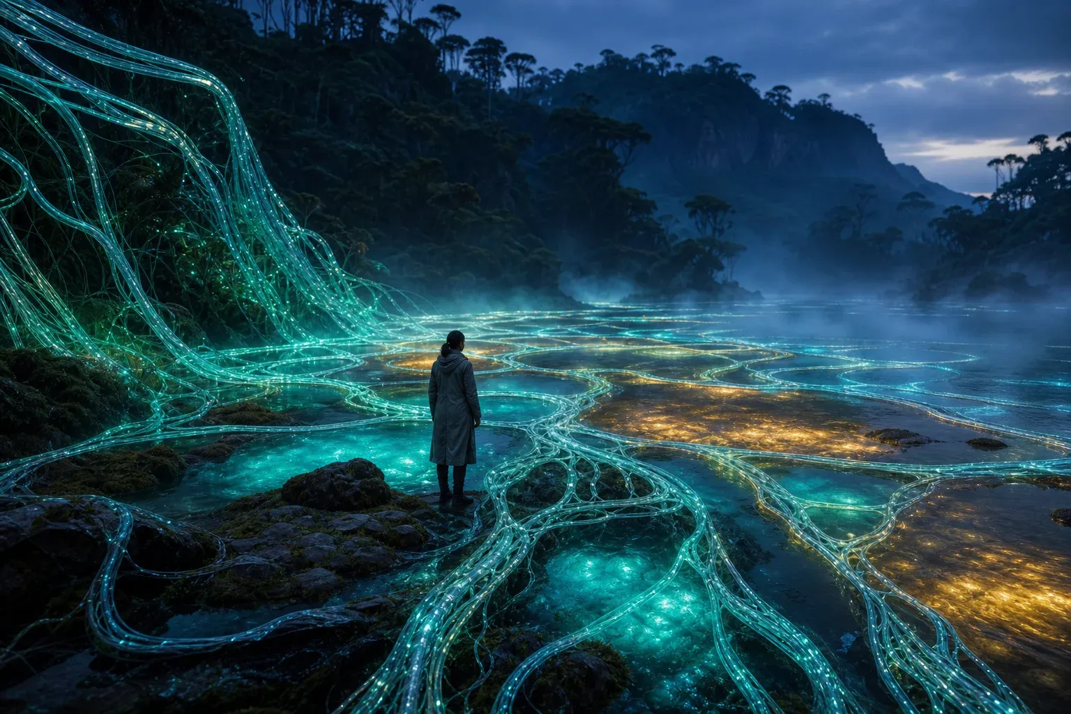 Glowing filaments flow through translucent vine-aqueducts into a delta of softly lit pools in a misty bioluminescent valley at dusk.