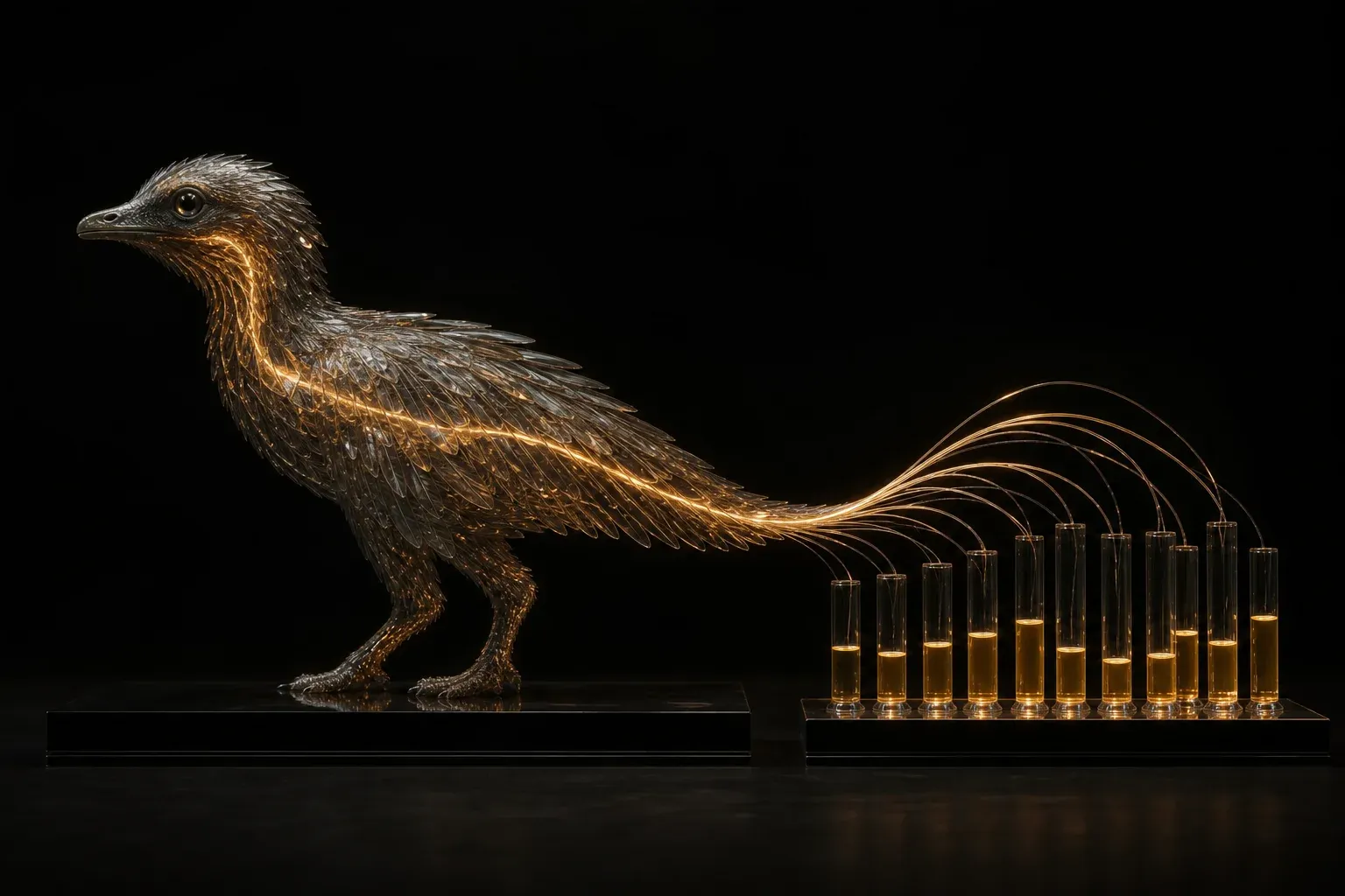 A small feathered reptile on a black plinth, glowing filaments running through its plumage and fanning into glass cylinders of luminous fluid.