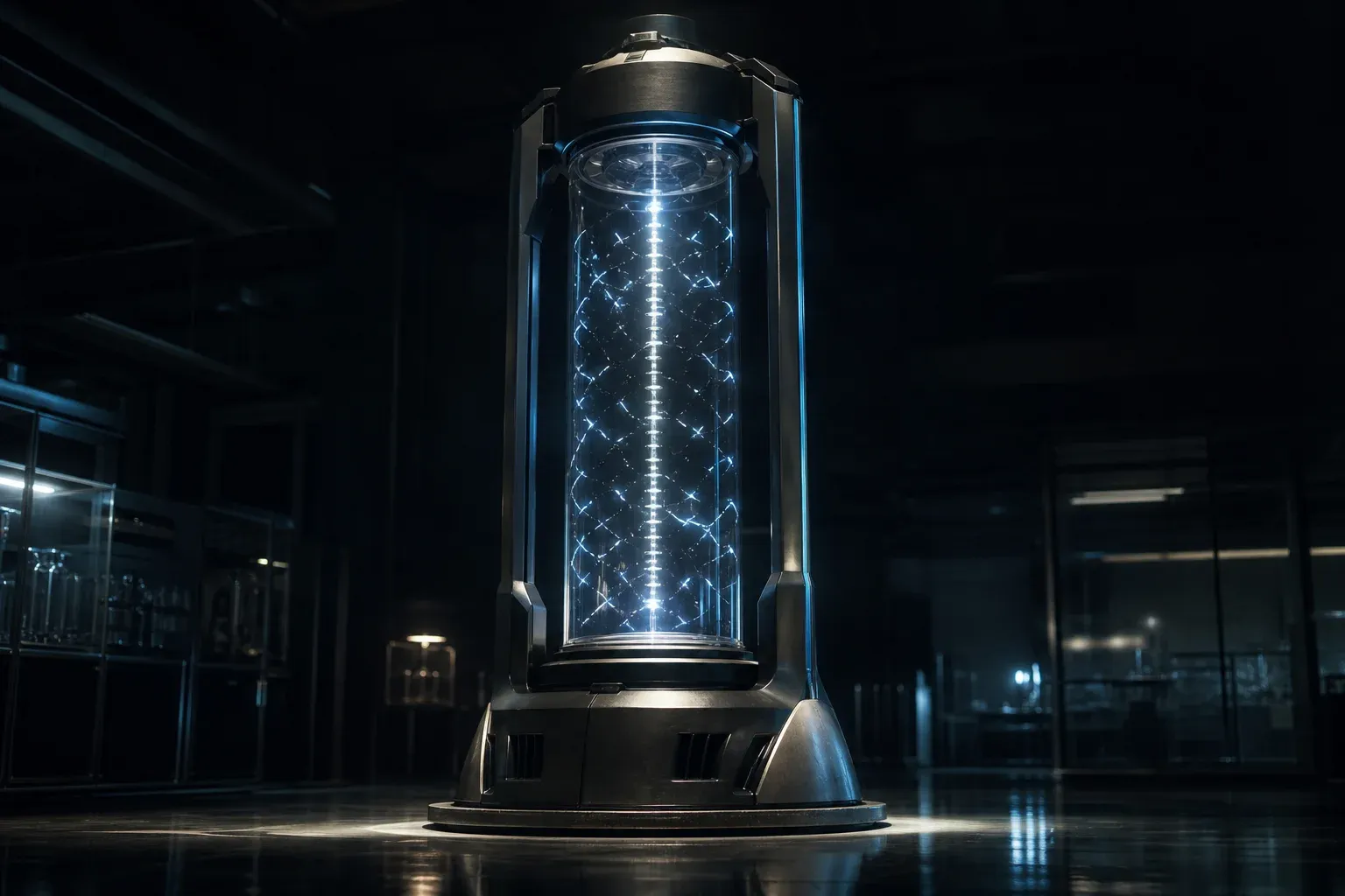 A tall glass laboratory column holds one glowing vertical strand as many short luminous fragments align along it.