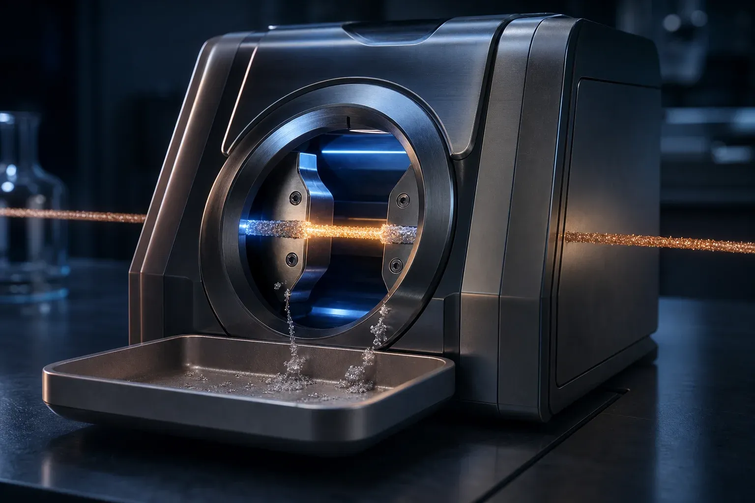 A laboratory machine's blades snip dull grey ends off a glowing strand, discarded pieces falling into a tray below.
