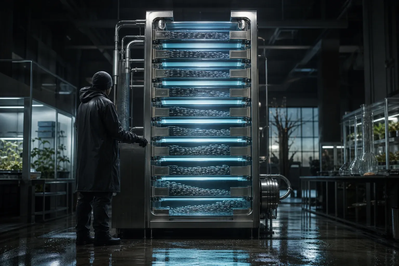 A tall lab machine of stacked glowing water channels with silver fish-like forms swimming upstream through counting gates.