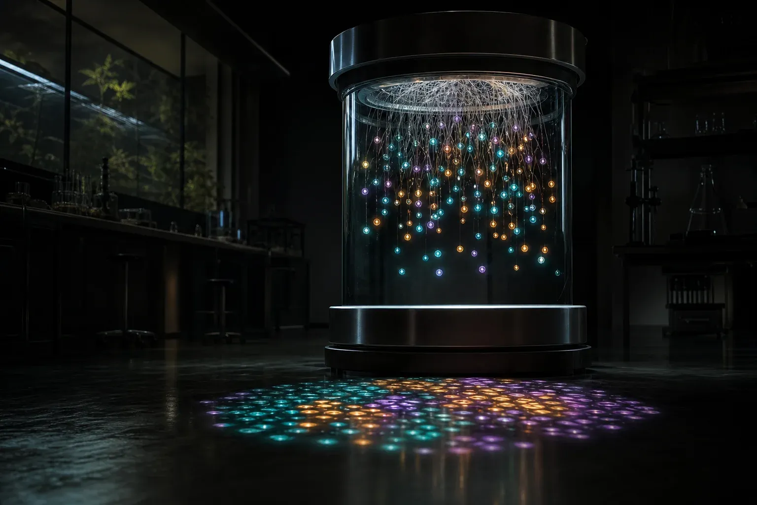 A lab instrument suspends thousands of glowing beads on fine threads, casting clustered islands of colored light onto a dark plate below.