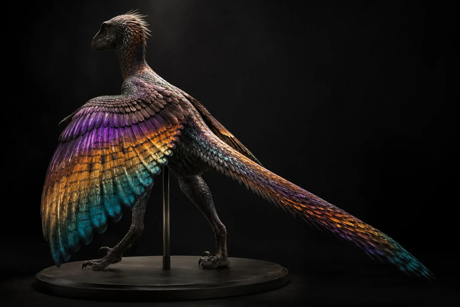 A feathered reptile on a specimen stand, its wing feathers glowing in ordered bands of violet, amber and teal against black.