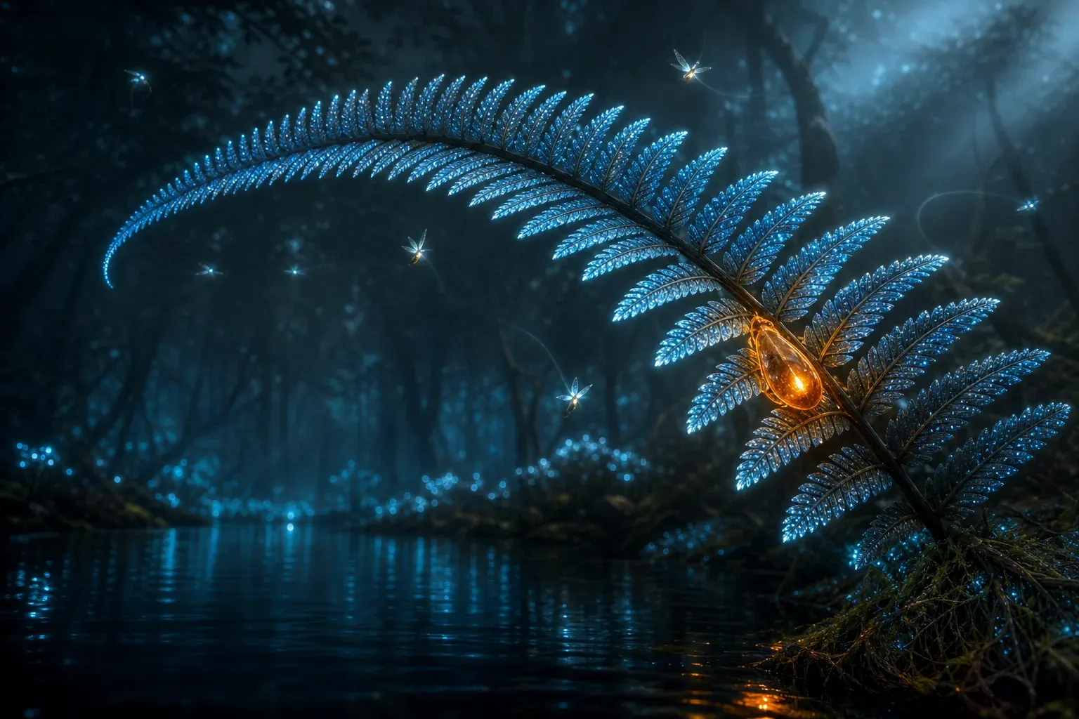 A giant glowing fern frond in a dark forest where one leaflet shines amber among thousands of blue ones.