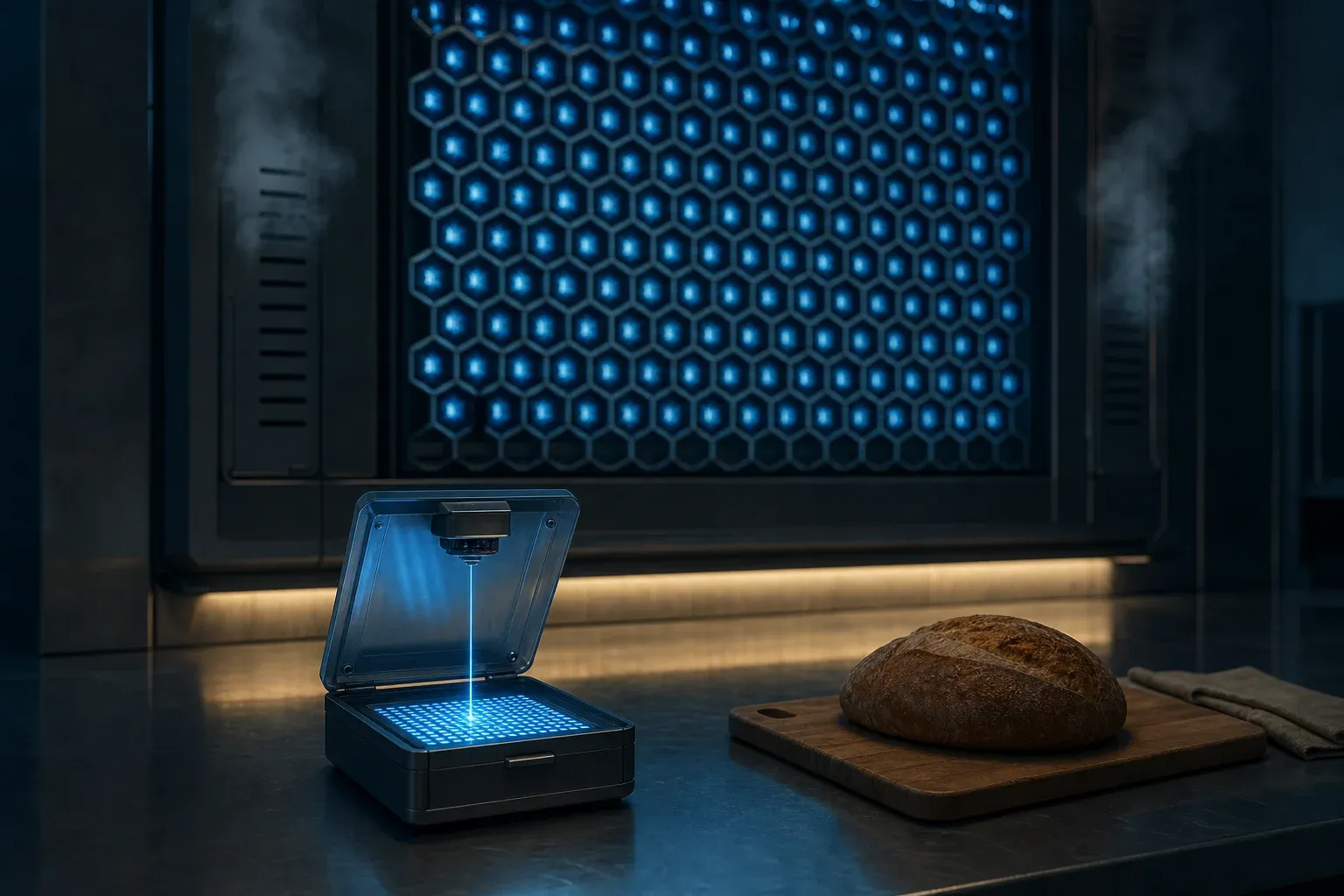A palm-sized glowing sequencing device on a countertop beside a bread board, dwarfed by a huge honeycomb-lit instrument on the lab wall behind.