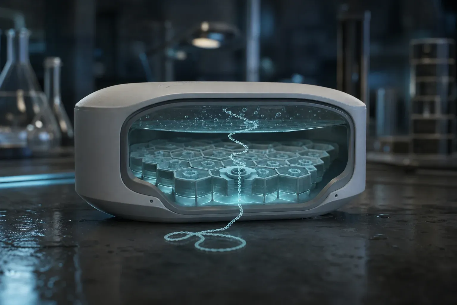 A palm-sized lab instrument on a dark bench, cut open to show a glowing membrane of pores with one luminous DNA strand threading through.