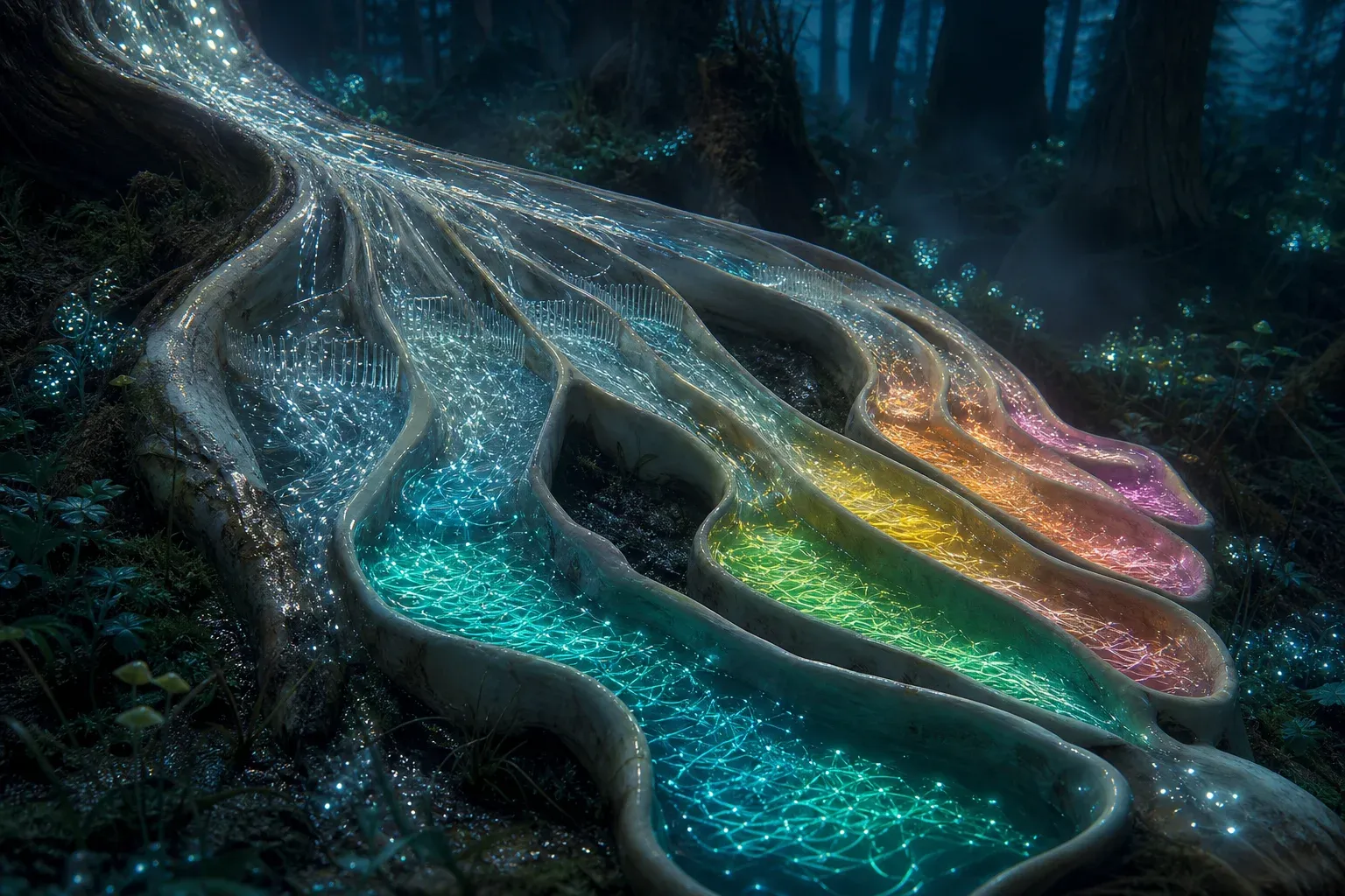 A glowing stream in a dark forest splits into narrowing wooden channels that sort short luminous filaments into separate colored pools.