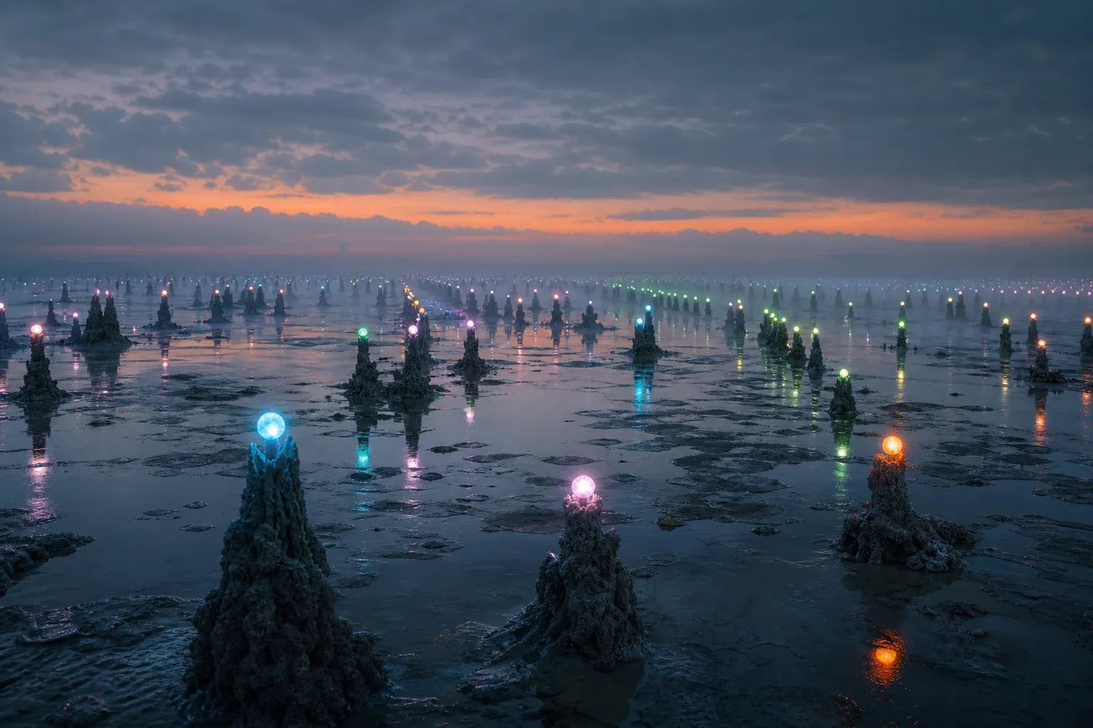 A dusk tidal plain covered in coral pillars, each topped by a glowing colored bead, clustering into drifting lanes across wet sand.