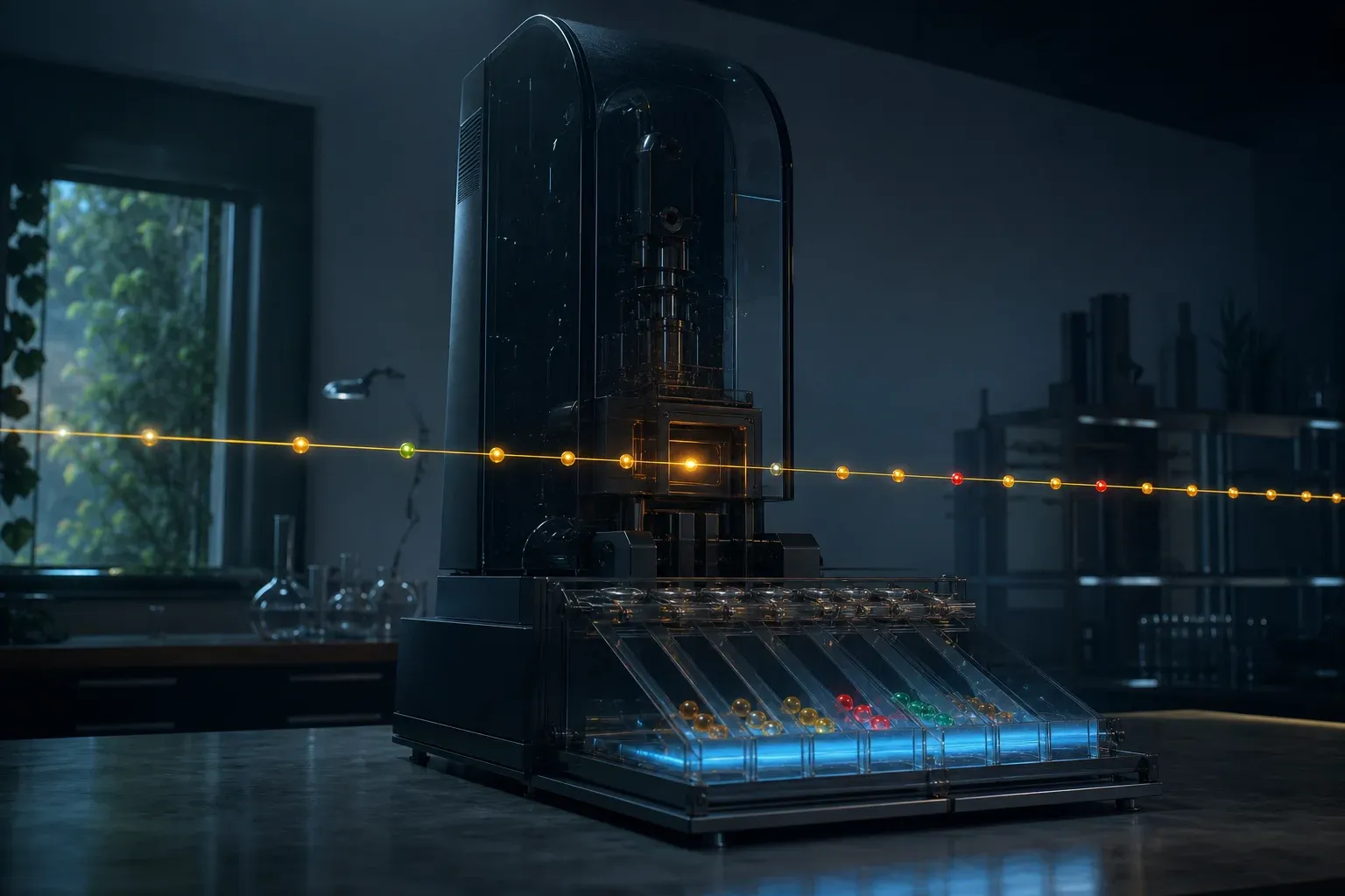 A laboratory machine pulls a glowing strand through a reading gate, flagging occasional colored beads into lit glass trays below.