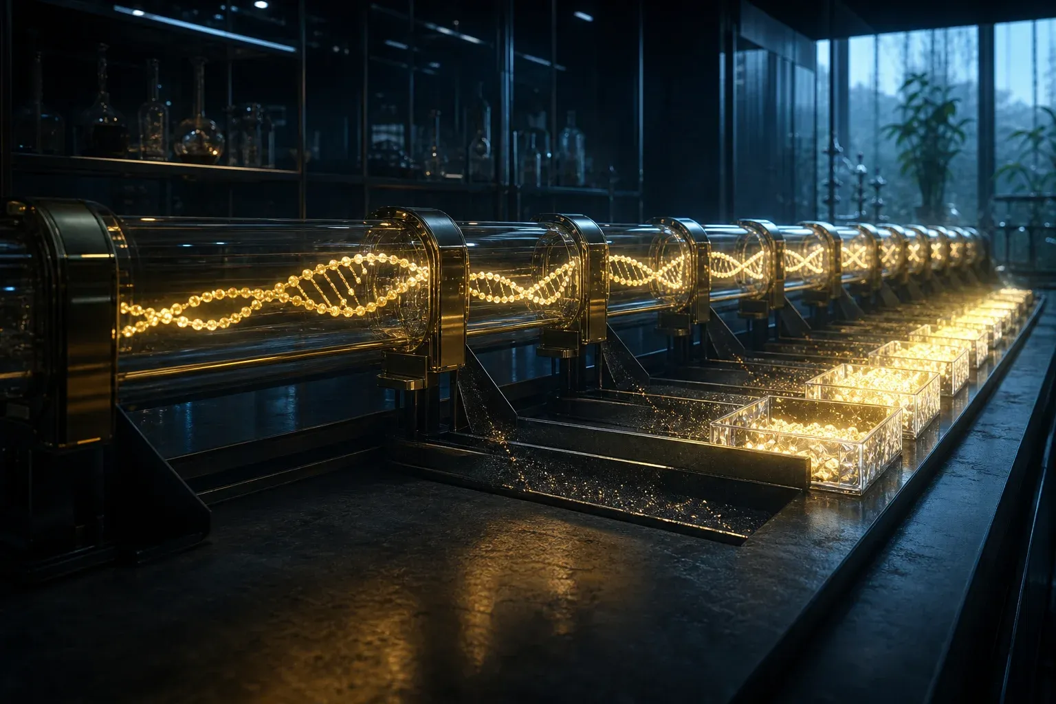 A glowing DNA strand passes through a row of sorting gates inside a long glass channel, separating points of light into trays.