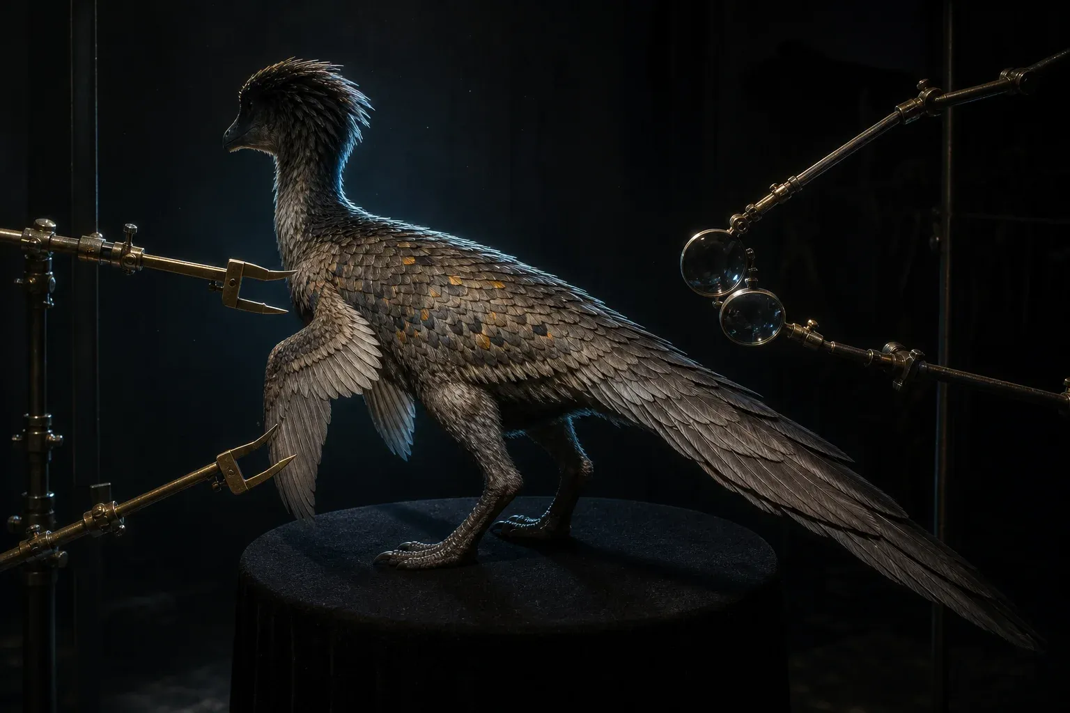 A feathered reptile specimen on a velvet plinth in a dark studio, its paired flank scales mostly matched but some mismatched, with brass calipers and lenses hovering nearby.